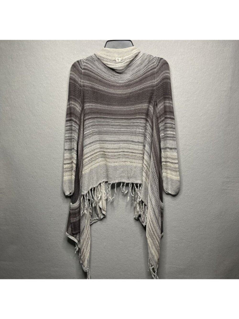 Billabong Womens Striped Open Front Cardigan Fringe Hem Gray & Cream L/G Boho - Picture 4 of 4